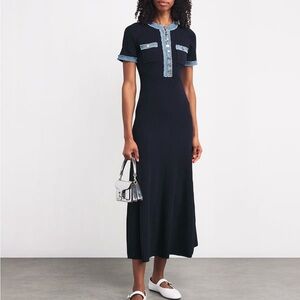 Sandro Navy Blue and Denim Alecia knit maxi dress short sleeve size 36